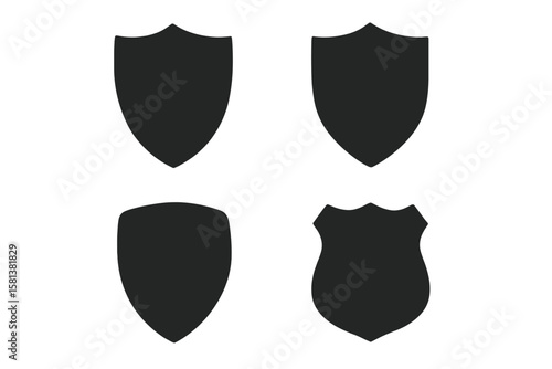 Set of 4 black security shield icons, protection and safety symbols, police badge shapes, vector illustration, design elements for security, defense, law enforcement concept
