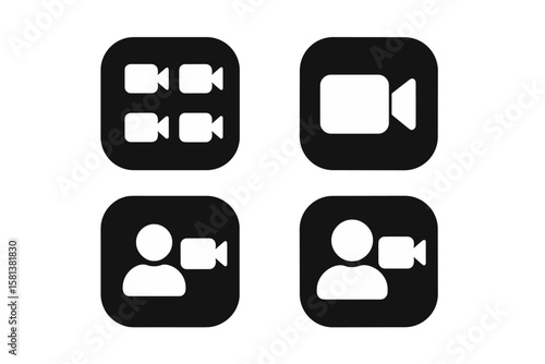 Set of 4 Video Call Icons, Video Conference Buttons, Online Video Chat App UI Elements, Internet Talk, Call Technology, Web App Display Template, Video Communication