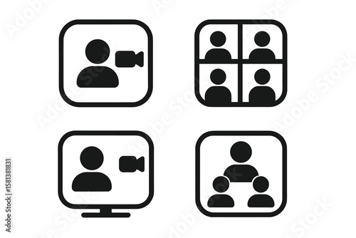 Set of 4 Video Call Icons, Video Conference Buttons, Online Video Chat App UI Elements, Internet Talk, Call Technology, Web App Display Template, Virtual Meeting Symbols