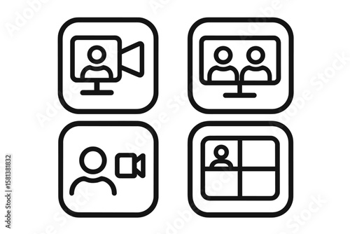 Set of 4 Video Call Icons, Video Conference Buttons, Online Video Chat App UI Elements, Internet Talk, Call Technology, Web App Display Template, Video Communication