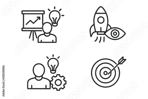 Startup and development set of 4 web icons in modern line style, including business, concept, idea, strategy, innovation, vision, growth, and success for web and mobile app design
