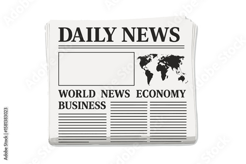Daily newspaper mockup with world map and business headlines. Front page vector template for world news and economy. Blank space for custom text. Journalism publication concept.