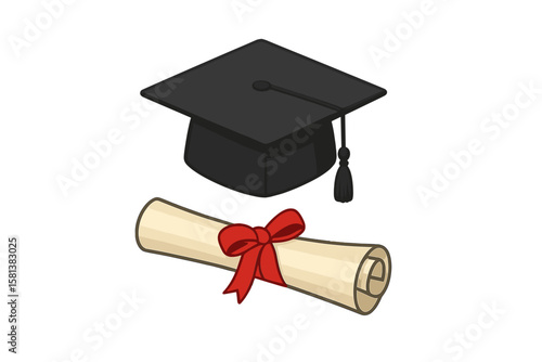 Black graduation cap with diploma scroll. University graduate hat vector. Academic degree ceremony design element. Education symbol. Graduation celebration. Academic achievement.