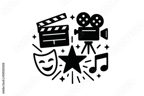 Media design concepts vector illustration. Film cinema icon set with clapperboard, camera, theater mask, music note, star. Entertainment multimedia symbols silhouette.