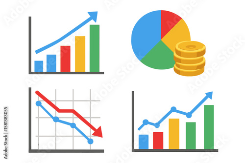 Business data charts and diagrams, market elements, statistics, infographics, financial analytics, money trends, up/down arrows, analytic report set of 4 vectors