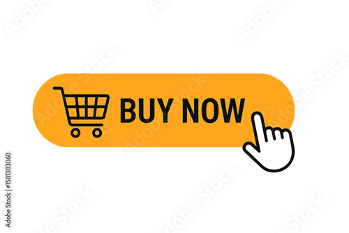 Buy Now Button with Shopping Cart Icon, Hand Pointer Clicking, Modern Web Design Element for Online Shopping, E-commerce, Shop Now, Call to Action, UI UX Vector