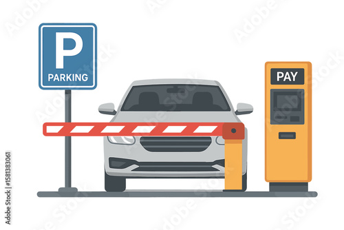 Paid car parking entrance with payment terminal, security barrier gate, parking sign, modern vehicle front view. Automated parking zone access control system illustration
