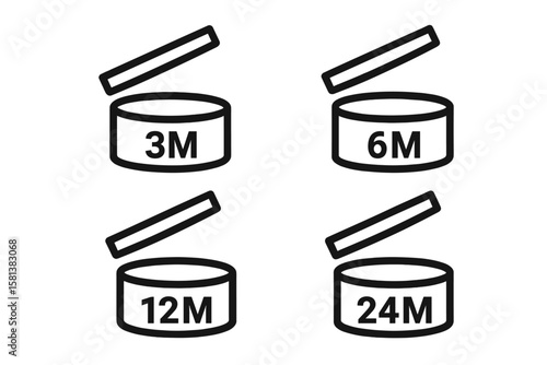 Period After Opening PAO symbols vector icon set. Black signs for 3, 6, 12, 24 months. Cosmetic expiration date label. Package open life sign. Validity & shelf life symbol.
