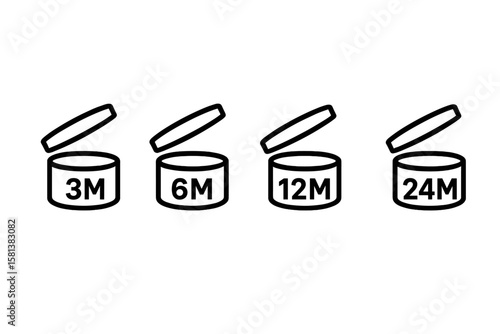 Black icons of Period After Opening (PAO) symbols set, expiration period, validity after opening, useful lifetime of cosmetics, open package signs, skincare labels