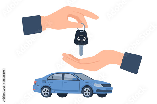 Car rental, sale, or sharing service concept. Hand giving car keys to another, vehicle transfer, leasing, test drive, dealership, auto loan, modern flat vector illustration