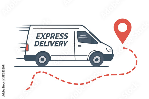 Delivery truck with map location and route path concept, cargo van moving fast, express delivery service icon with van and destination point, navigation and logistics