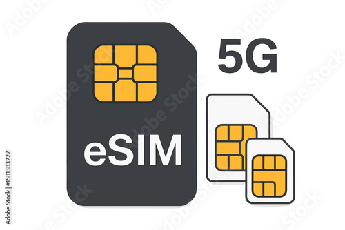 eSIM technology concept. Embedded SIM card icon. New mobile communication technology. 5G SIM-cards for mobile devices with chip. Vector flat illustration design element set.