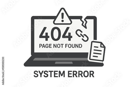 404 Error Page Not Found System Error Vector Illustration. Laptop With Broken Link, Warning Symbol, Missing Document, Web Page Not Available, Internet Connection Problem, Website Template
