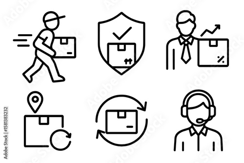 Express delivery courier icons set. Package shipping, parcel protection, business logistics, tracking location, return process, customer service support. Line vector illustration