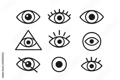 Eye icon set vector collection, diverse eye designs, black line art, transparent background, minimalist eye symbols, vision and observation concept, modern eye illustrations