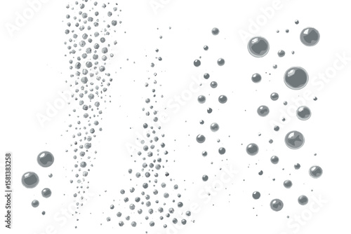 Realistic fizzing air bubbles stream with soda pop, champagne, soap water bubbles, and clear water drops, vector illustration set for design and background use