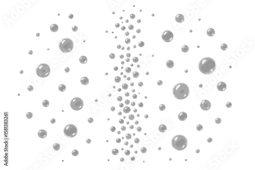 Fizzing air bubbles stream, soda pop, champagne bubbles, soap water bubbles, water bubbles, realistic clear water drops, sparkling effervescent bubbles, vector illustration set