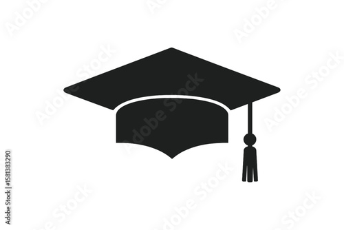 Black Graduation Cap Hat, University Graduate Emblem, Degree Ceremony Symbol, Educational Program Icon, Simple Template Design Element for Academic Graduation Celebration