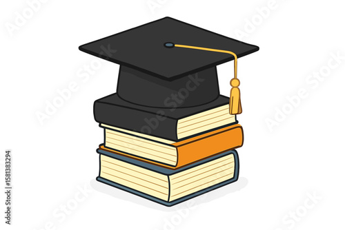 Graduation cap on stack of textbooks concept of higher education and academic achievement, mortarboard on books symbolizing study, school, college, university success and learning