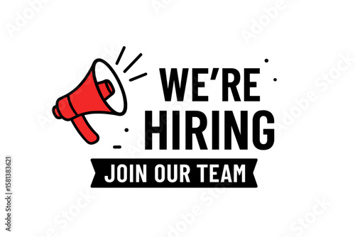 Red megaphone recruitment vector with Join Our Team banner for hiring poster, business HR marketing campaign loudspeaker job vacancy call to action illustration