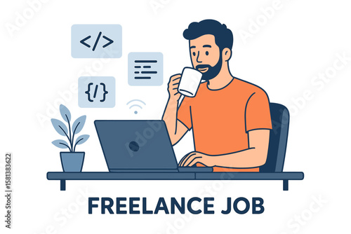 Remote freelance programmer working from home office laptop coding software development concept. Man developer drinking coffee at desk with code icons, plant, wifi, productivity.