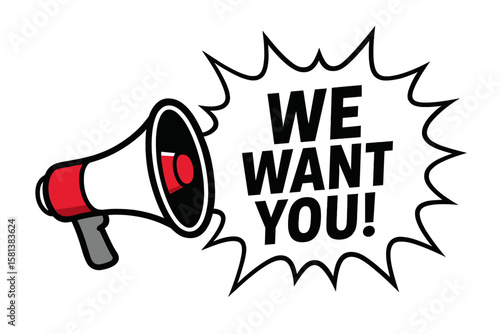 Recruitment megaphone vector illustration with bold ‘WE WANT YOU!’ call to action loudspeaker label for business marketing, advertising, hiring campaign, promotional poster design