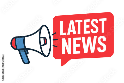 Blue and red megaphone broadcasting bold white LATEST NEWS inside glowing red speech bubble, breaking news announcement concept, media alert, broadcast message vector illustration