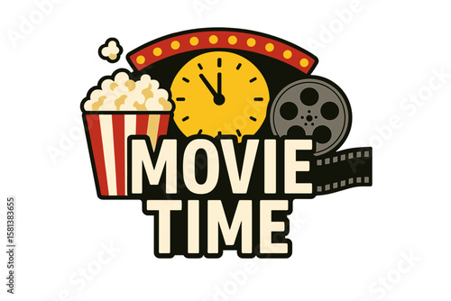 Movie Time cinema vector poster template with retro marquee clock, popcorn bucket, film reel and filmstrip, movie night screening background illustration for entertainment design