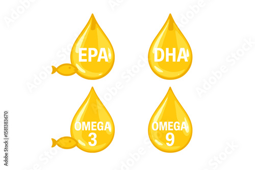 Set of glossy golden omega fatty acid drops icons featuring EPA DHA omega-3 omega-6 omega-9 fish oil capsules natural polyunsaturated vitamin supplement healthy nutrition vector