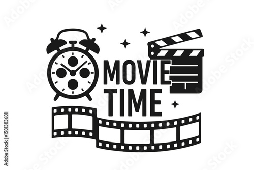 Movie time concept vector illustration with alarm clock shaped as film reel, clapperboard, wavy film strip and stars, cinema festival poster template with transparent background