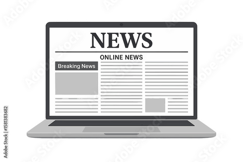 Laptop computer displaying online digital newspaper news website interface with breaking news banner headline daily news feed journalism technology concept vector illustration