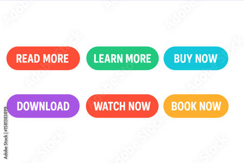 Colorful Call to Action Buttons Set, Read More, Learn More, Buy Now, Download, Watch Now, Book Now, Vibrant Design, Vector Illustration on Transparent Background