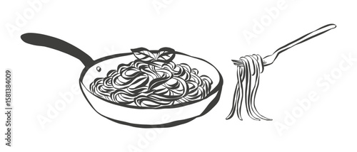 Whimsical chalk doodles of pasta. Quirky icon of spaghetti and noodle in crayon style. Crayon drawing for menus and invitations. La dolce vita italian vector illustration