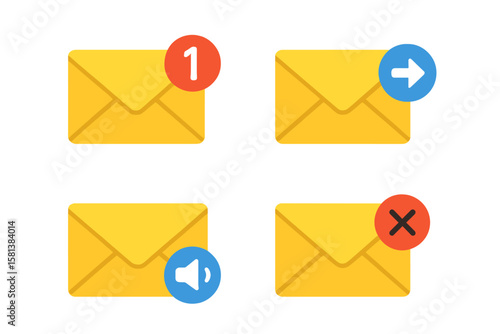 "Set of 4 Email Envelope Icons with Different Status Indicators: New Message Notification, Marked Spam, Sound Off, and Message Delivery Status. E-mail Marketing Concept."