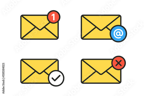"Set of 4 Icons Depicting Email Notifications with Different Status Indicators. Yellow Mail Envelope with New Incoming Message, Spam, Verified, and Error Notifications for E-mail Marketing"