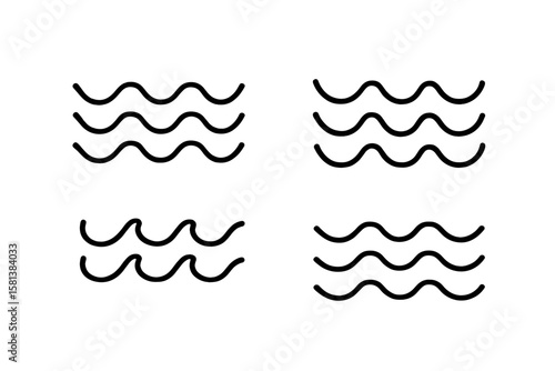 Set of 4 line water waves icons, vector illustration, transparent background, minimalist ocean wave symbols, sea ripple, aquatic elements, fluid motion, simple line art