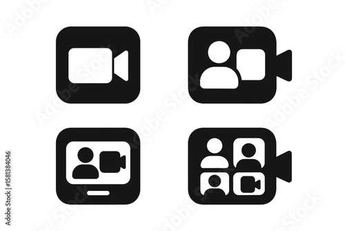 "Set of 4 Black Video Call Icons. Communication and Video Conference Concept. Online Meeting, Video Chat, Webcam, Group Call. Virtual Collaboration, Communication Tools."