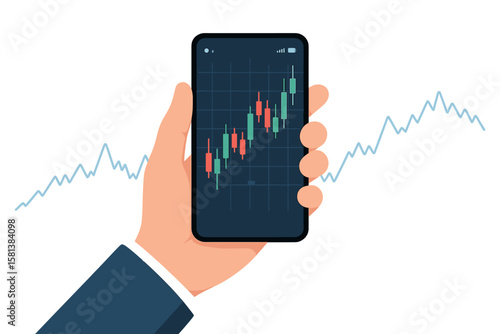 Stock online trading with smartphone, mobile phone in hand showing business graph and stock market candlestick chart, financial market analysis, investment and business concept