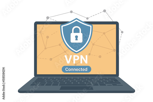 VPN service concept with laptop showing secure virtual private network connection, cyber security protection, encrypted internet traffic, data privacy, and online safety software