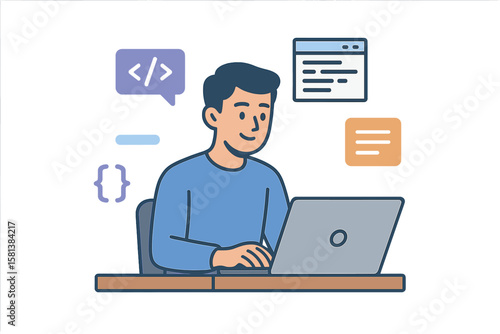Man programmer, web developer working on laptop. Freelance job concept illustration. IT specialist coding. Remote work, e-learning, home office, online education vector.