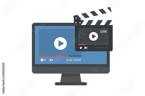 Online video player on a computer screen with a play button and progress bar. Clapperboard with a live streaming overlay. Multimedia playback and streaming video concept.