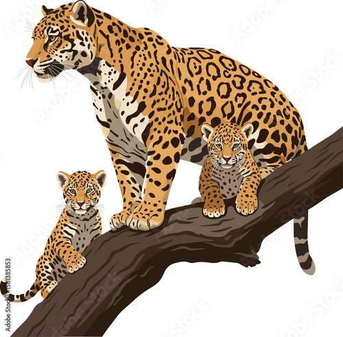 Jaguar (Panthera onca) with Cubs on a Tree Branch: Vector Illustration Representing Family and Reproduction in the Wild