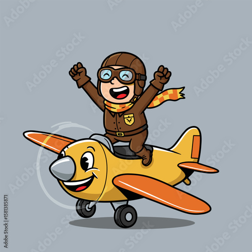 Cartoon pilot standing on a smiling yellow plane, exuding playful aviation vibes.