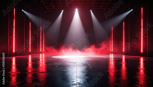 Red Neon Stage Lighting In Empty Industrial Studio