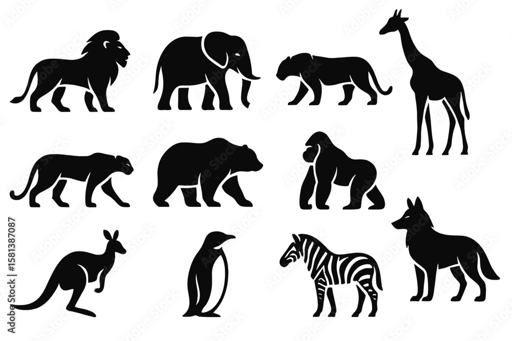 Obraz premium Animal silhouette set. Wild animal logo collection isolated on white background. Lion, elephant, tiger, giraffe, cheetah, bear, gorilla, zebra, kangaroo, penguin and wolf icons.
