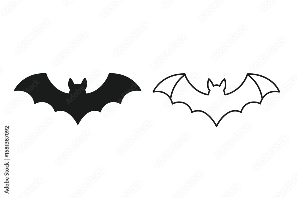 Bat silhouette and line art vector illustration. Halloween spooky horror animal symbol. Flying mammal nocturnal creature sign. Gothic simple flat design element collection. Bat silhouette and line art vector illustration. Halloween spooky horror animal symbol. Flying mammal nocturnal creature sign. Gothic simple flat design element collection.