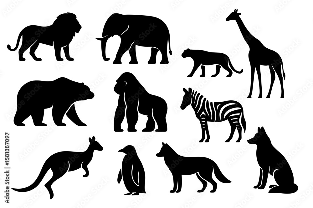 Obraz premium Animal silhouette collection. Set of wild animals logo or icon. Vector illustration of lion, elephant, panther, giraffe, cheetah, bear, gorilla, zebra, kangaroo, penguin, wolf.