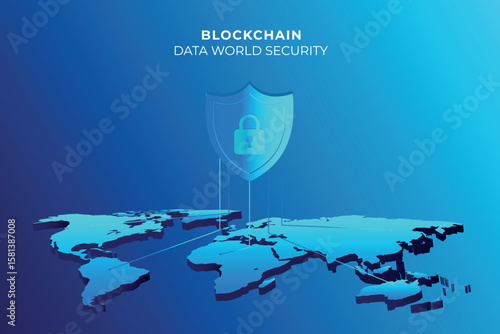 Blue digital background featuring a world map with interconnected 3d security padlock symbol, representing the global spread of blockchain technology in financial and security for applications. Vector