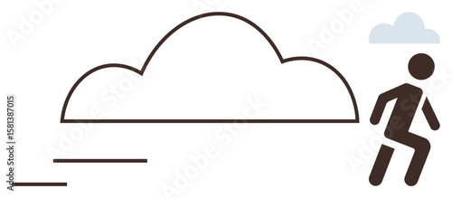 Silhouette of a running person moving past a large cloud and lines suggesting motion. Ideal for growth, ambition, motivation, determination, overcoming challenges, personal progress, simple flat