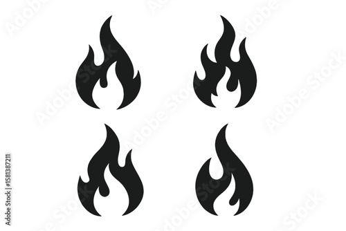 Fire flame vector icon set. Simple black flat illustration symbol silhouette for graphic design. Concept of heat, energy, hot, burn, danger, power, campfire, bonfire sign.